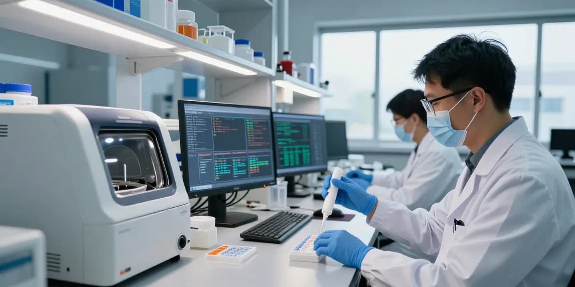 Research scientists at mmoo05.com conducting molecular analysis in a modern lab.