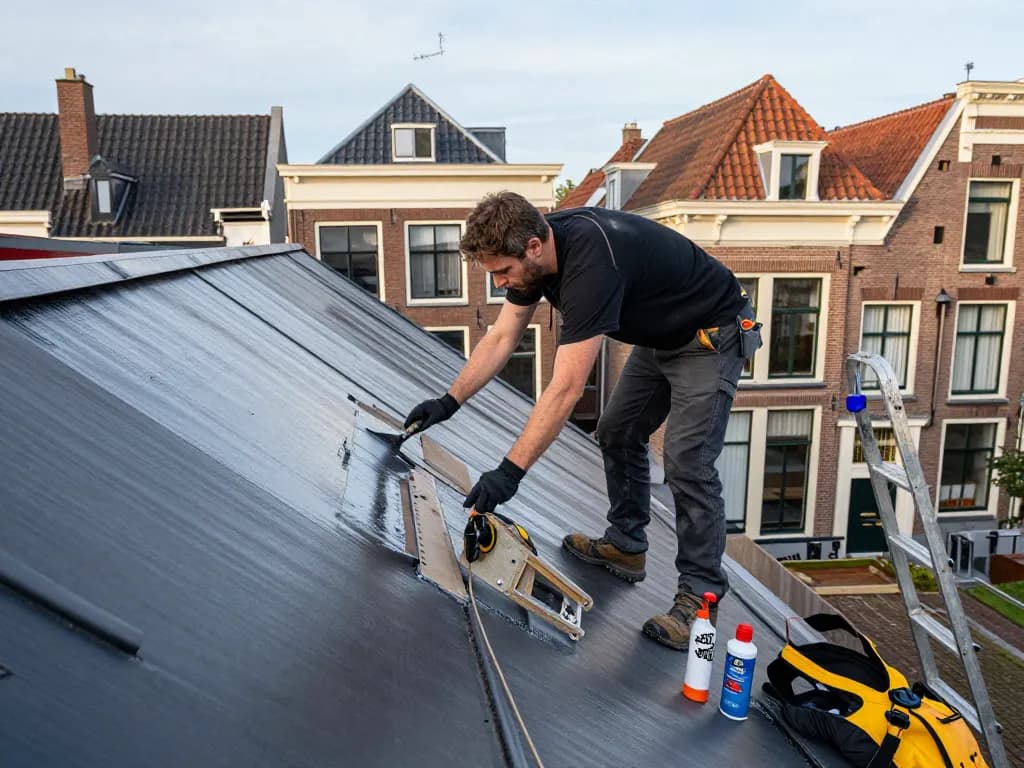 dakdekker Utrecht professional die een beschermende coating aanbrengt op een dak in Utrecht met moderne tools en technieken