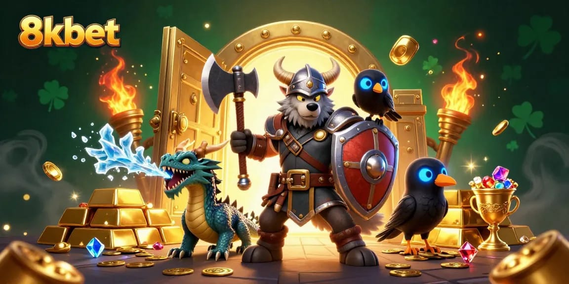 Experience thrilling moments at 8kbet with a powerful Viking warrior and a fierce dragon amidst treasures and gaming gems.