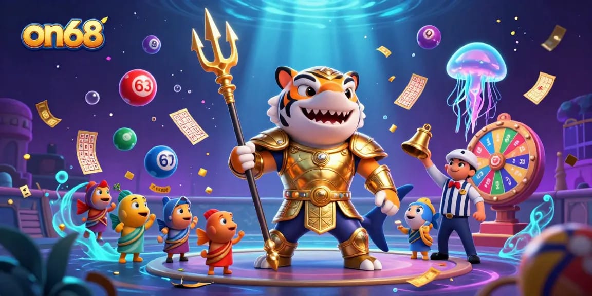 Experience thrilling gambling action with on68's vibrant underwater casino scene featuring a shark in gladiator armor.