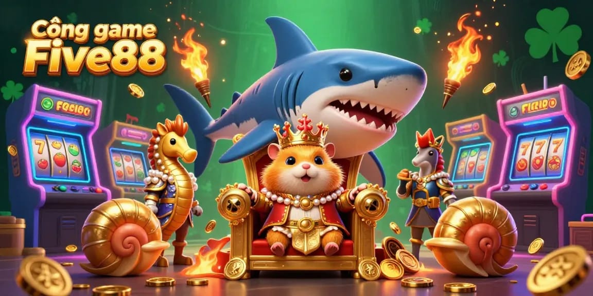 Cổng game Five88 features a dazzling casino throne scene with a golden hamster king, vibrant arcade elements, and immersive gaming action.