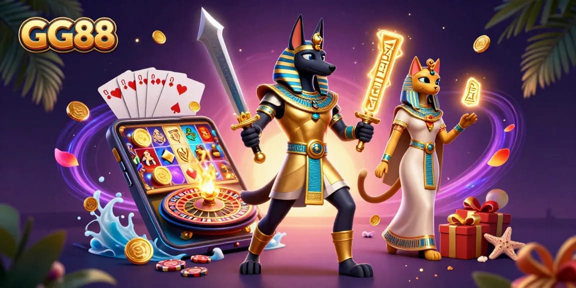 Spin the reels of GG88 in a vibrant casino scene with Anubis and Bastet amidst gaming excitement.