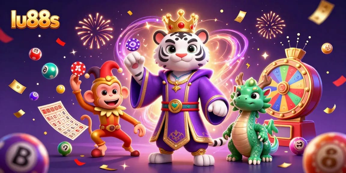 lu88s celebrates exciting casino wins with vibrant characters, colorful elements, and festive effects