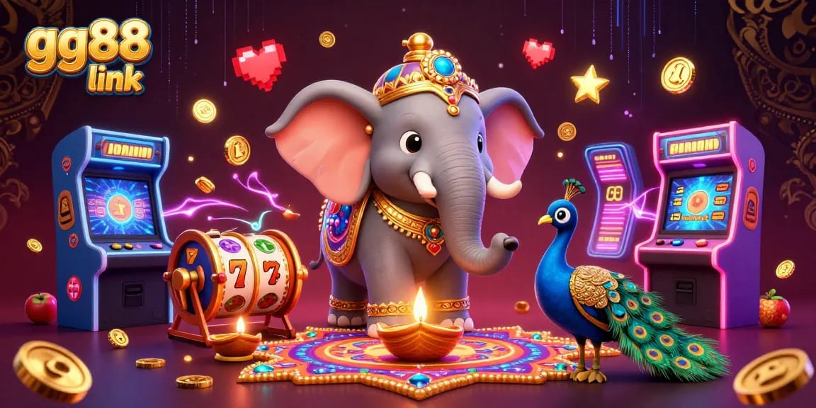 Engage with gg88 link featuring a vibrant 3D casino scene filled with slots, ornate elephant, and colorful gaming elements.