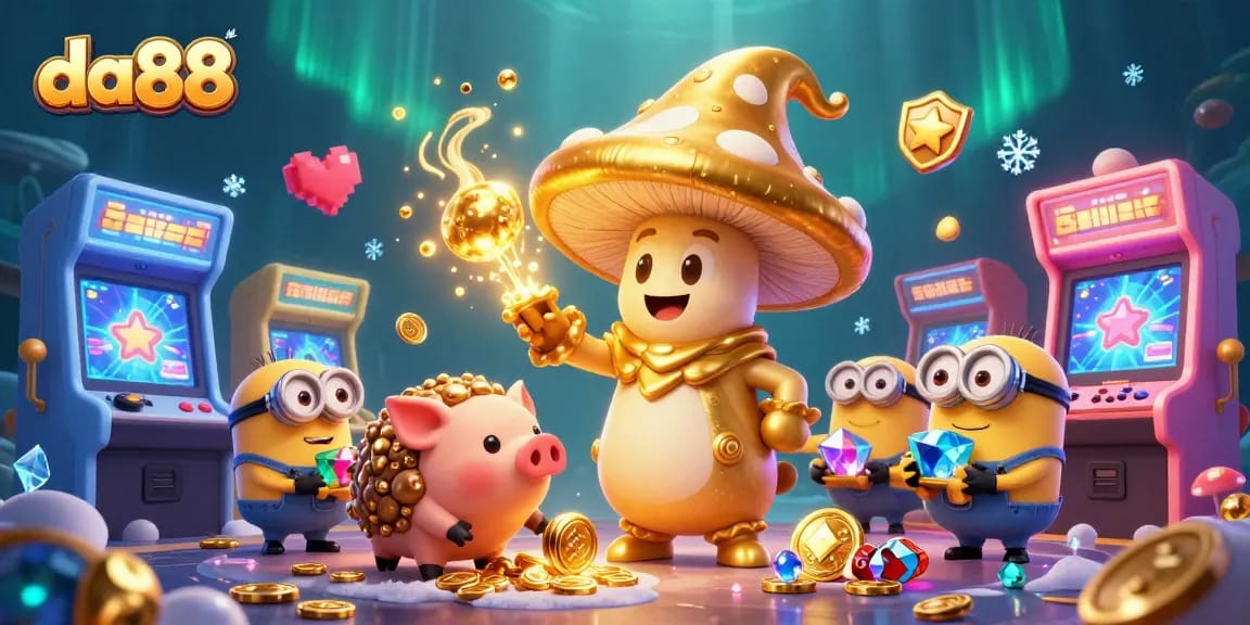 Experience the magic of da88 with an enchanting scene featuring a golden mushroom wizard and treasure-hunting pig.
