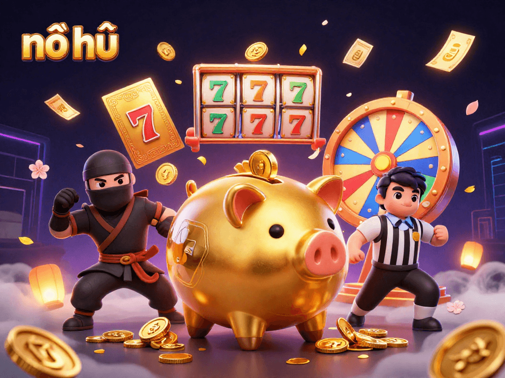Nổ hũ slots: A vibrant, dynamic scene with a sumo wrestler piggy bank, colorful game elements, enhancing the excitement.