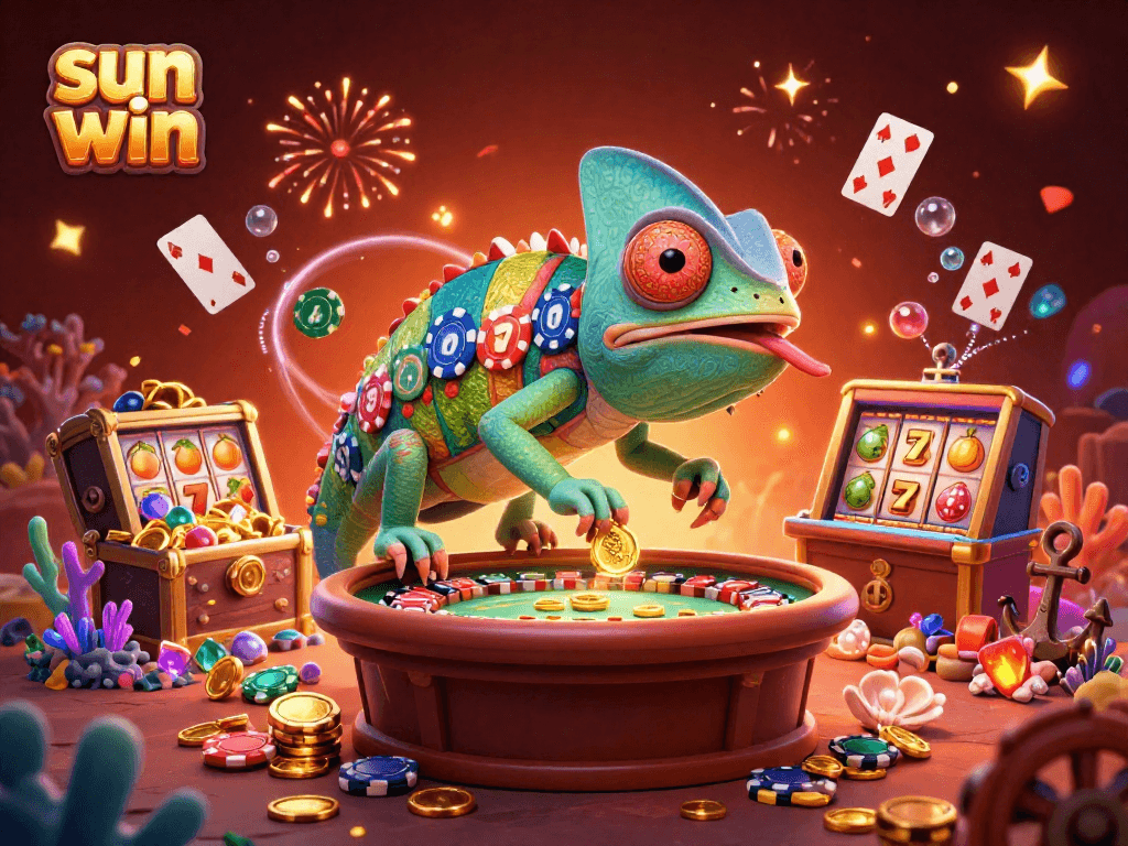 Win big with sun win in this vibrant 3D gambling scenario, featuring a colorful chameleon and slots!