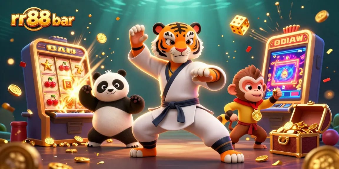 Engage in thrilling gameplay at rr88 bar with a vibrant scene of a kung fu tiger master and playful monkey in a casino.