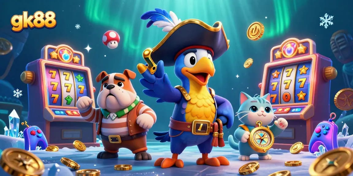 Spin the reels for fun at gk88 and win big in this vibrant casino scene with dynamic characters.