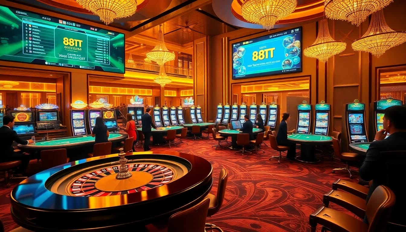 Experience thrilling betting at 88TT casino with vibrant games and lively players around tables.