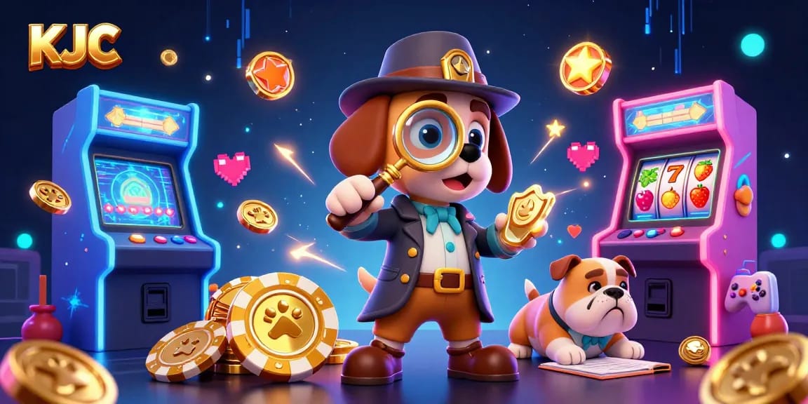 KJC enhances gameplay with a cartoon detective and bulldog investigating casino clues.