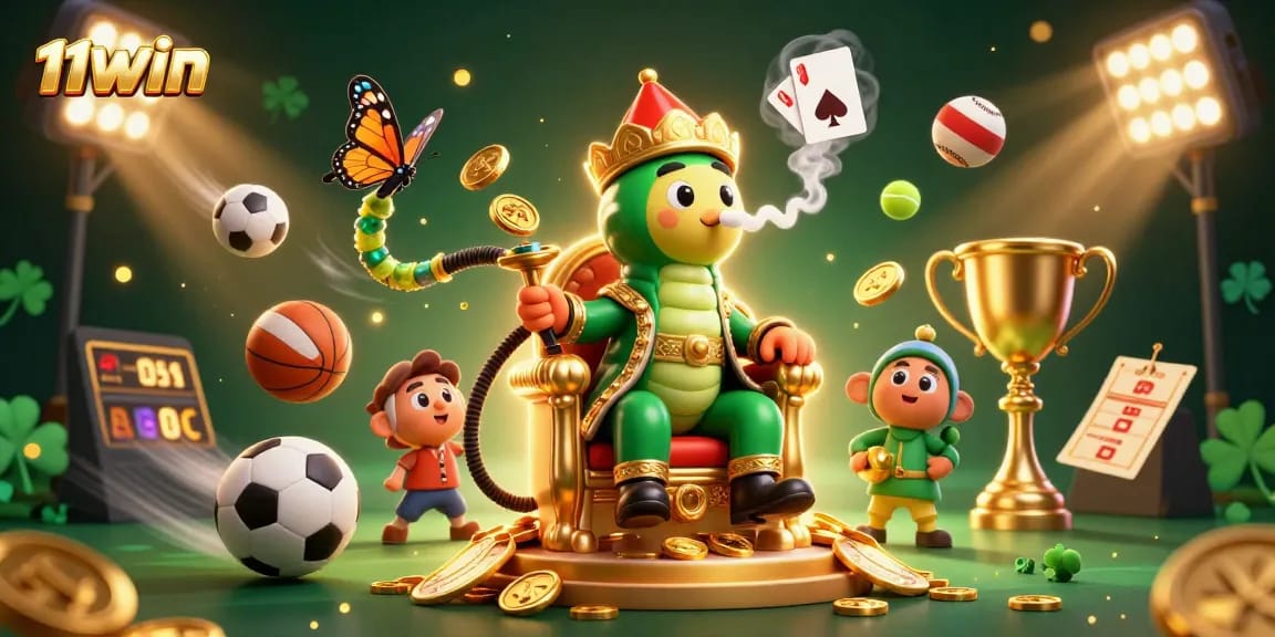 Experience 11WIN with a vibrant 3D casino scene filled with dynamic sports betting elements and energy.