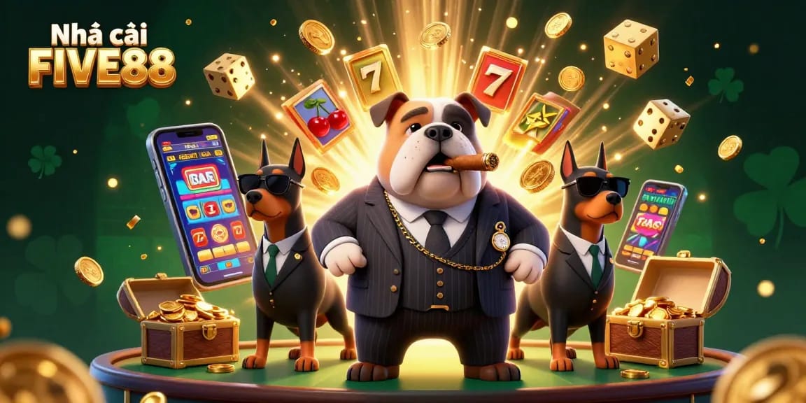 Engage with the vibrant world of Nhà cái FIVE88 through thrilling casino adventures featuring a cartoon bulldog and dynamic elements.