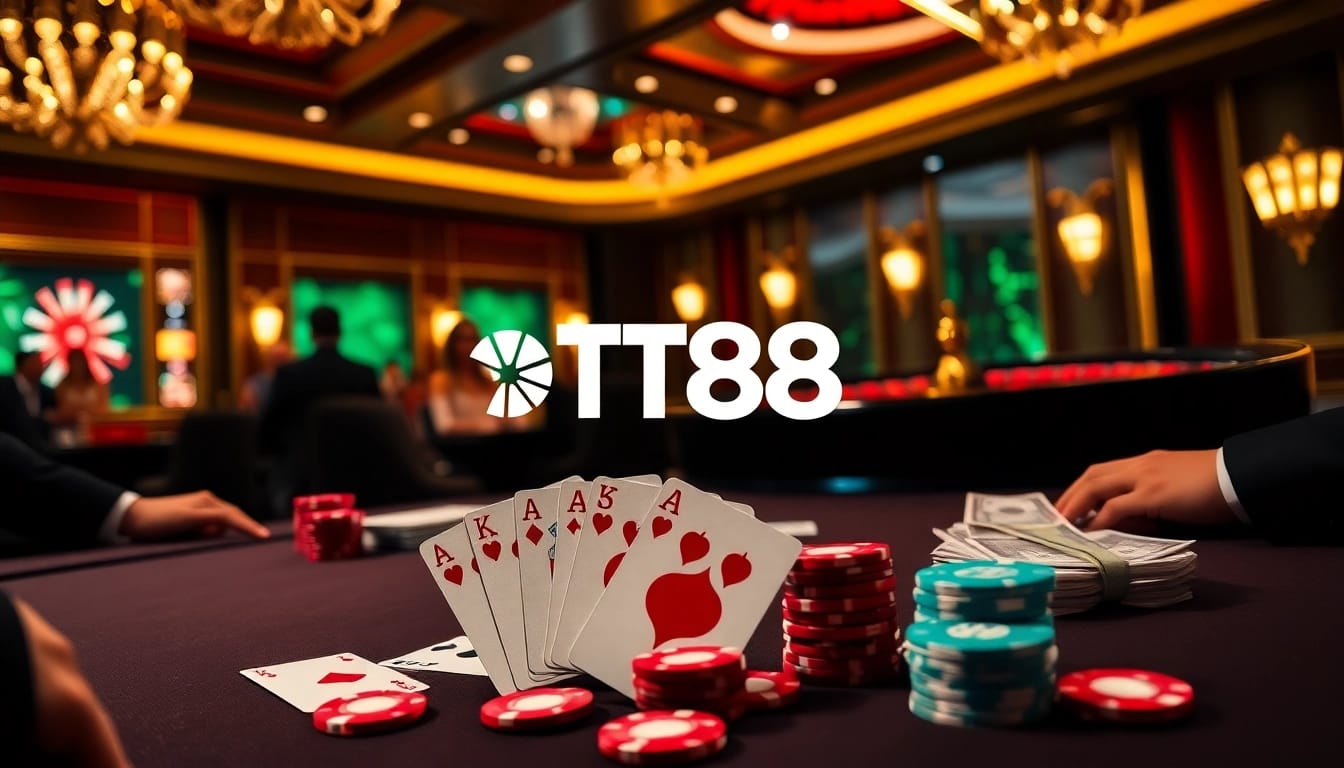 Exciting poker game at TT88 casino with elegant players and vibrant chips.