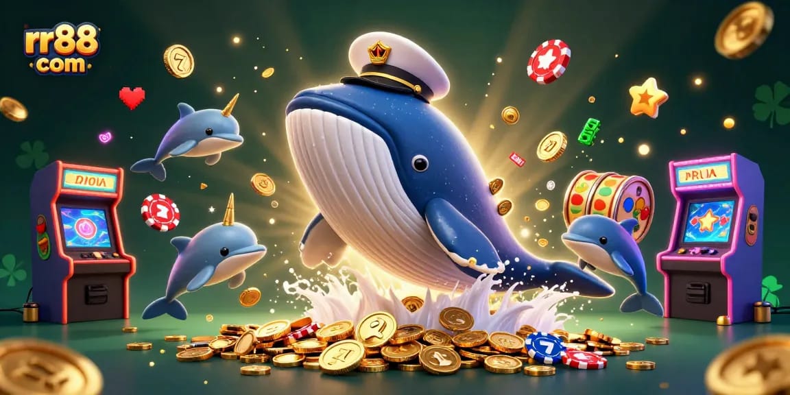 Experience excitement with rr88 com in a vibrant casino setting featuring whales, dolphins, and slot games.