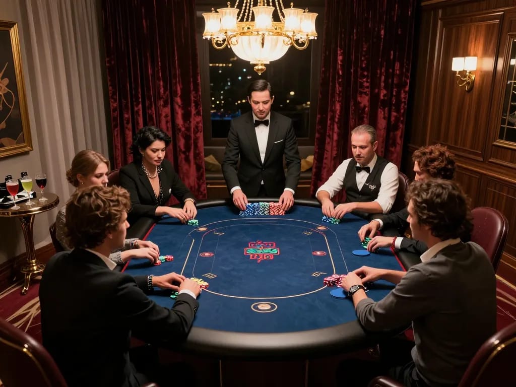 rik88 players enjoying a high-stakes poker game in an elegant VIP gaming room with luxurious decor