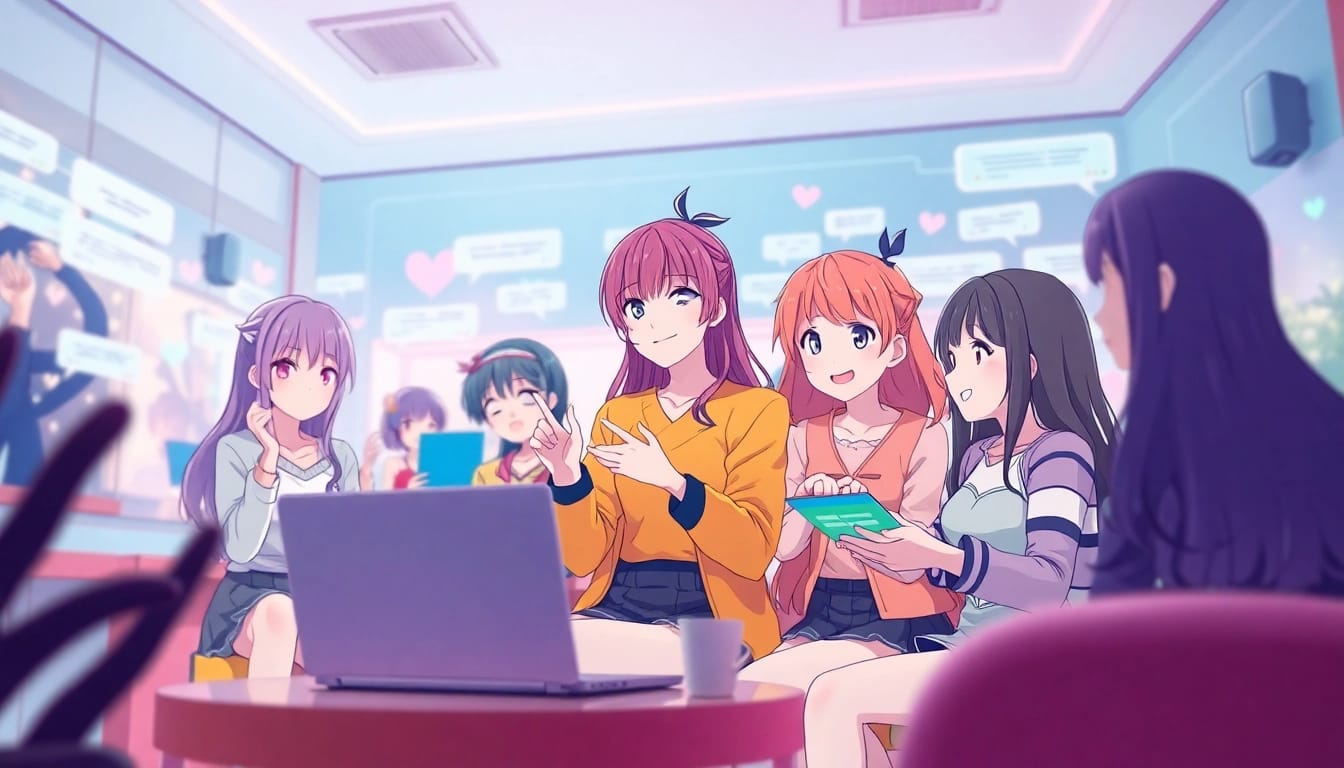 Engaging scene of a "hentai ai chat" with anime characters in a vibrant virtual chat room.