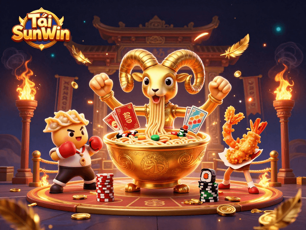 Tải SunWin showcases animated characters in an exciting casino battle scene.