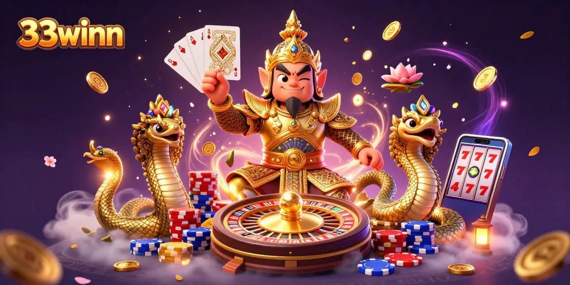 33winn captivating 3D illustration showcasing a temple guardian and Naga serpents amidst casino elements and vibrant energy.