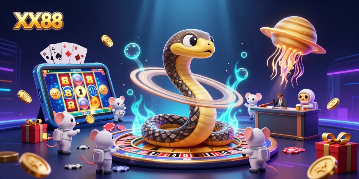 Engage with XX88 casino fun in a vibrant cosmic gaming scene featuring roulette, slots, and playful betting.