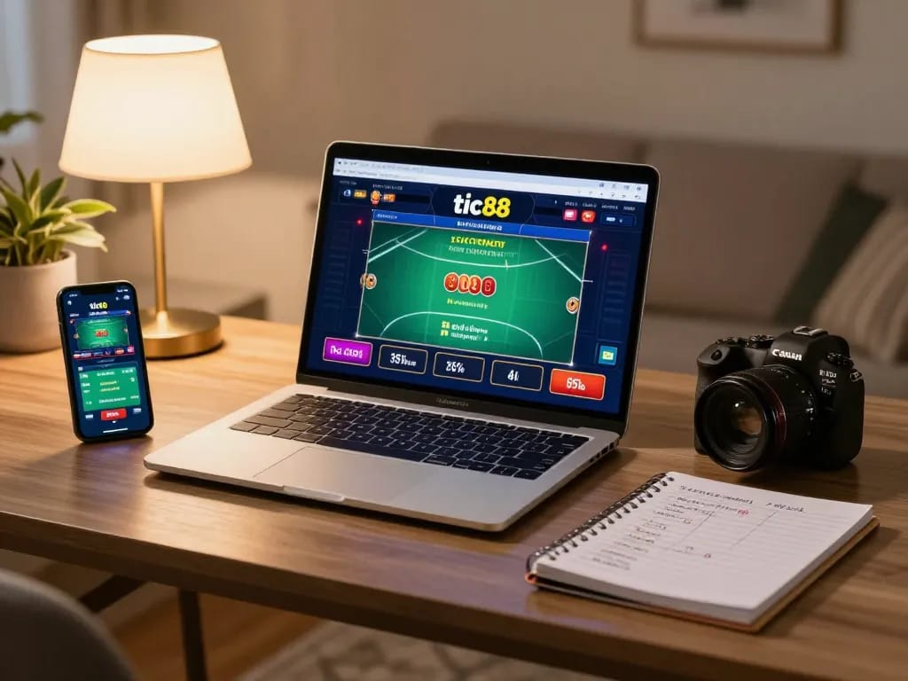 Player engaging in tic88 live dealer game on laptop, showcasing strategic online gambling atmosphere.