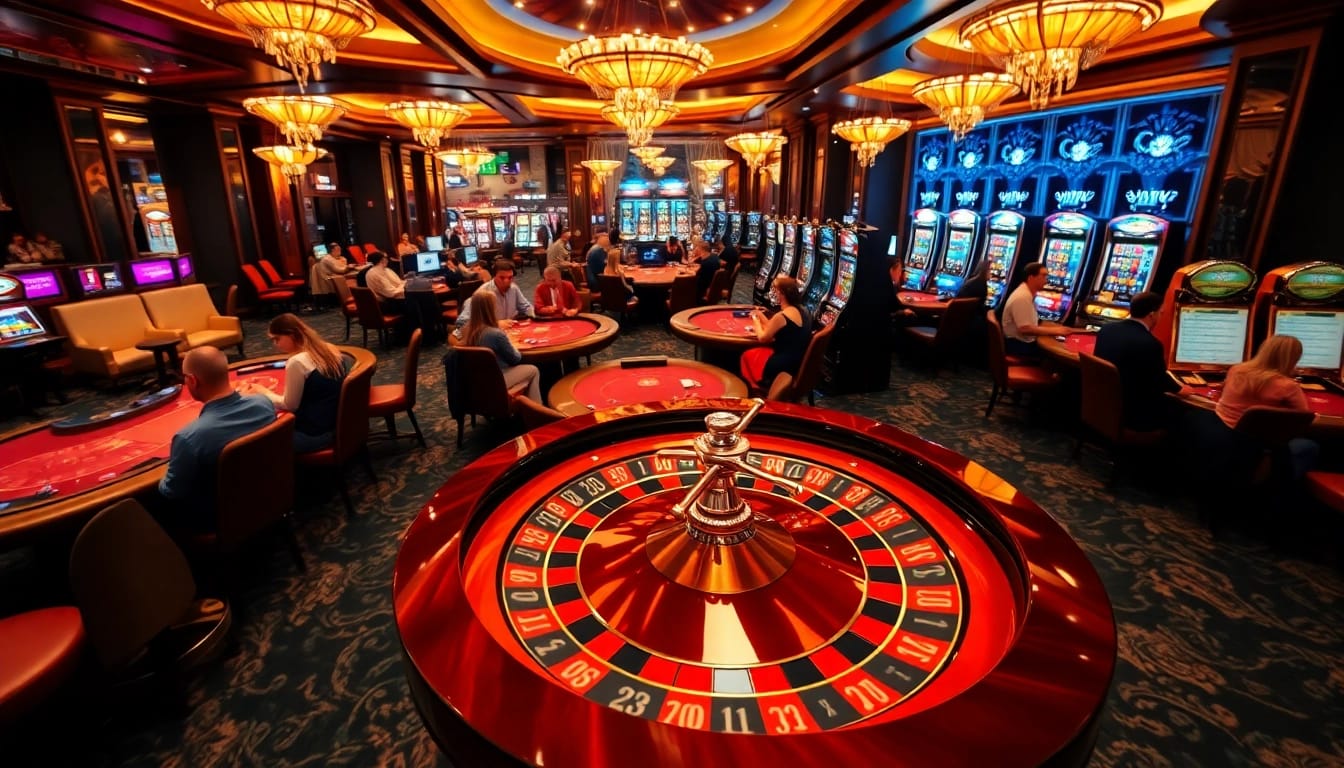 Players enjoying a thrilling game at the casino floor with roulette, poker tables, and slot machines.
