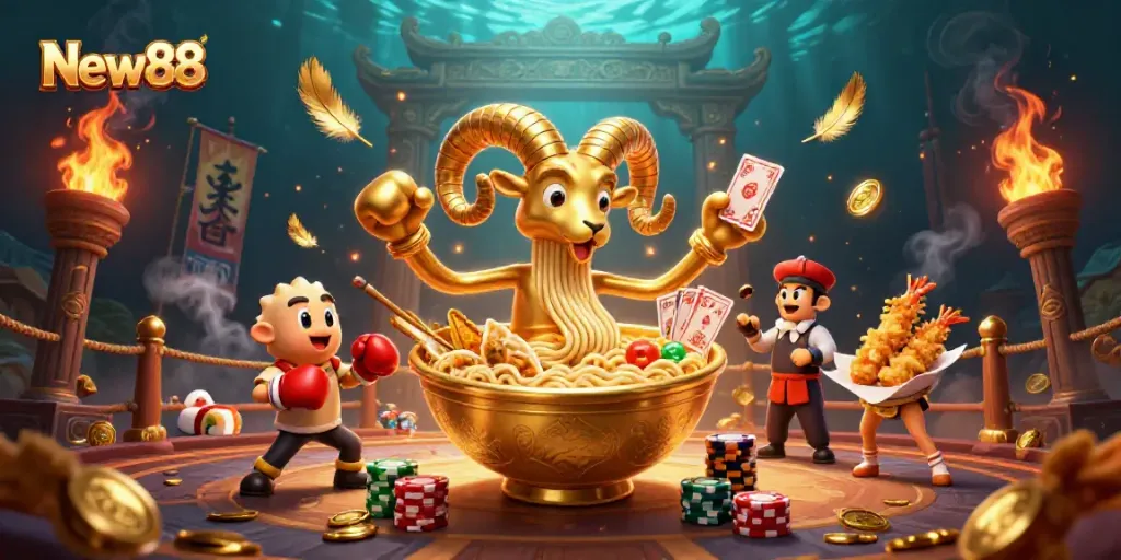 Experience the thrill of New88 with a vibrant, dynamic casino adventure featuring themed culinary characters.
