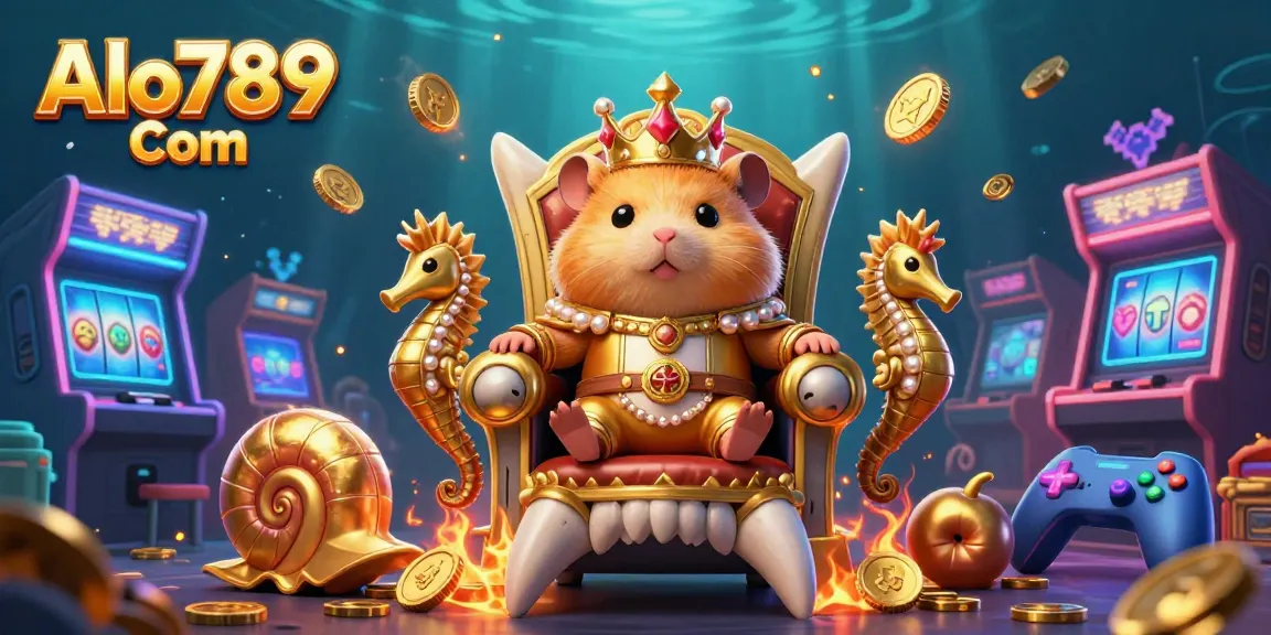 Alo789 Com showcases a vibrant underwater 3D scene with a golden hamster king and gaming elements.