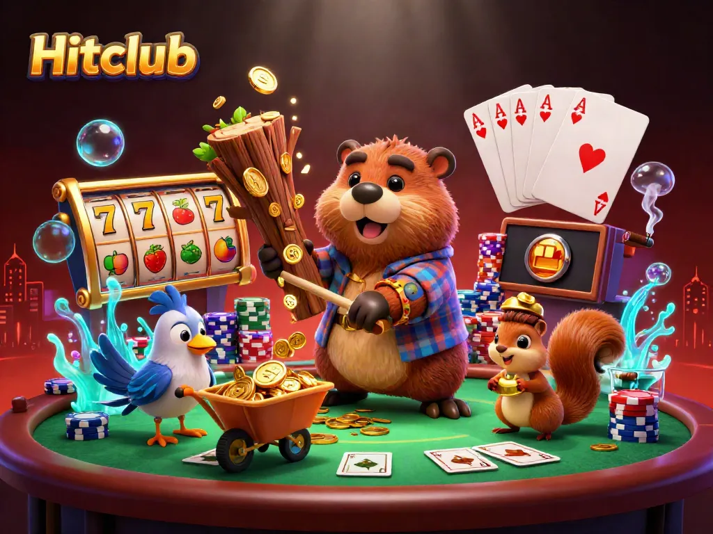Hitclub showcases an exciting casino scene with a beaver, bird, and squirrel collecting coins around slot machines and poker elements.