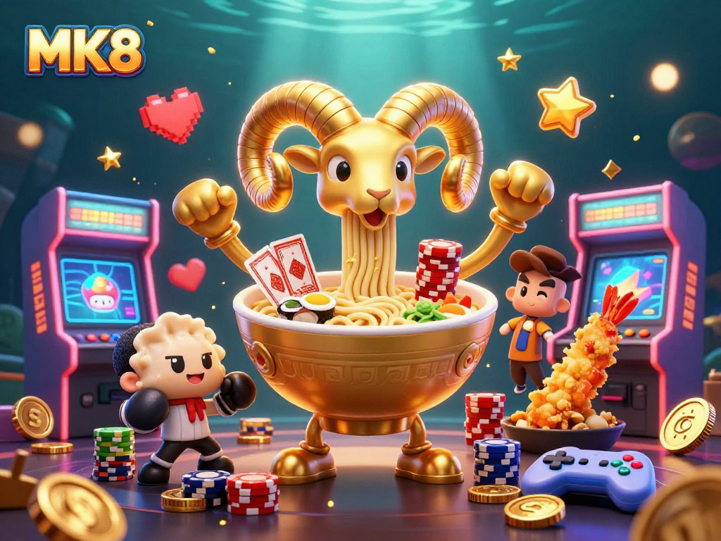 MK8 engages players in a vibrant, colorful casino arcade scene with animated characters.
