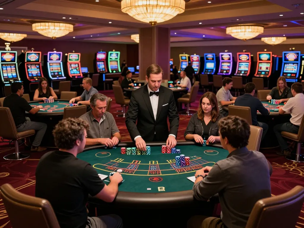 Players strategizing at Red 88 blackjack tables with vibrant casino atmosphere.