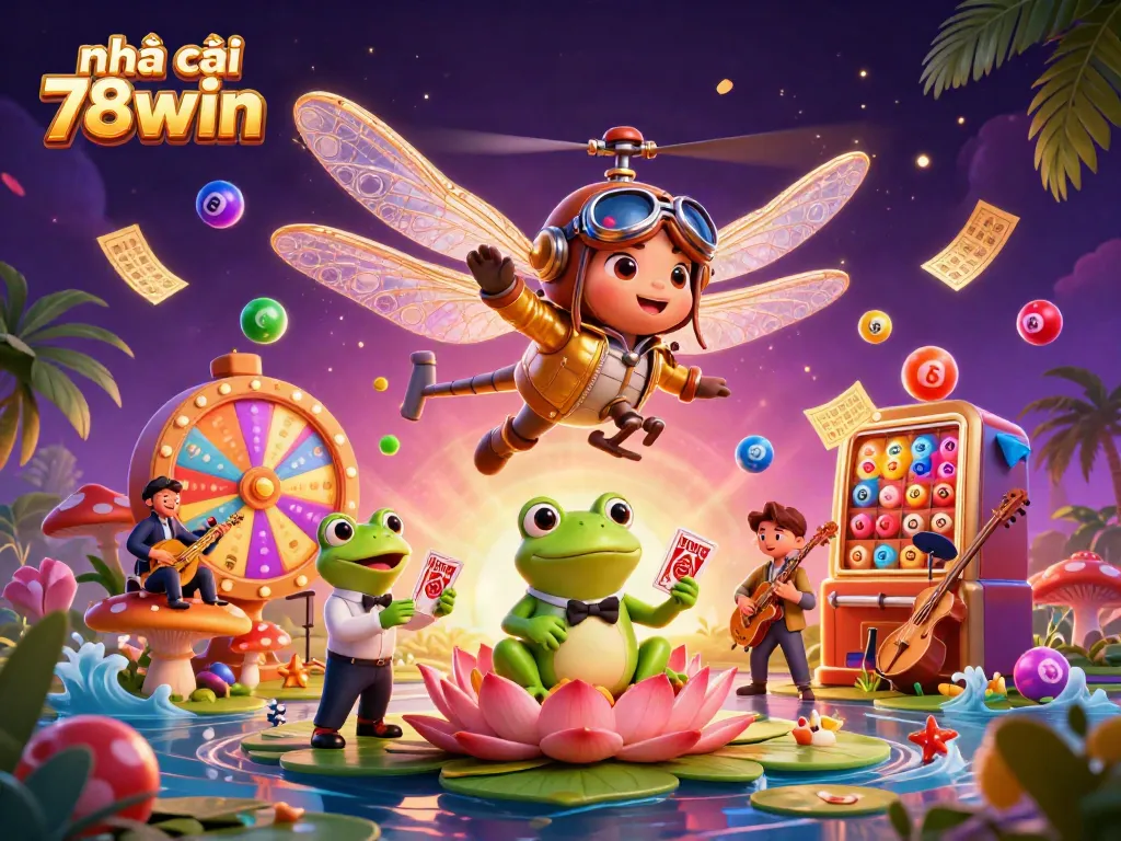 Experience the excitement of nhà cái 78win with a dynamic 3D scene featuring a dragonfly pilot and a frog croupier.