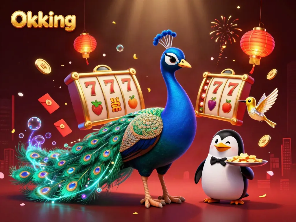 Experience thrilling fun at Okking with a 3D illustration of a peacock and gaming elements.