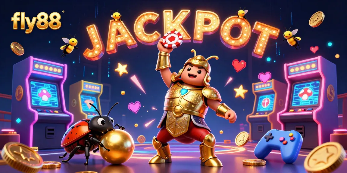 Win big with fly88 poker tactics, featuring a heroic beetle and dazzling jackpot lights!