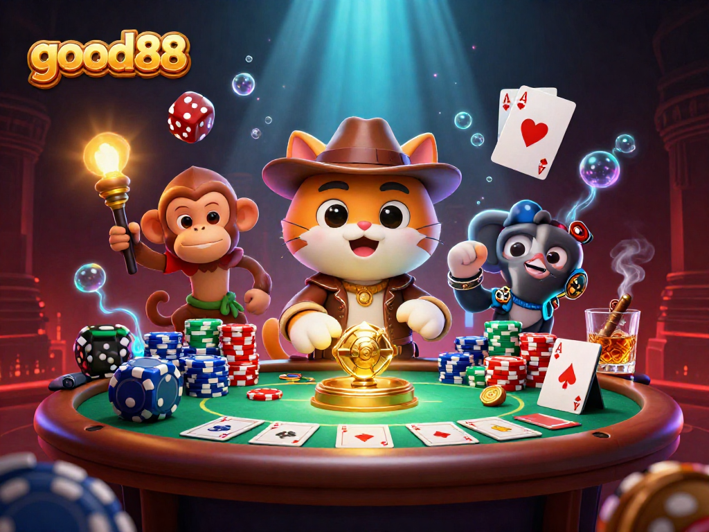 Experience thrilling moments at good88 with a cat explorer and monkey friend discovering golden casino treasures.