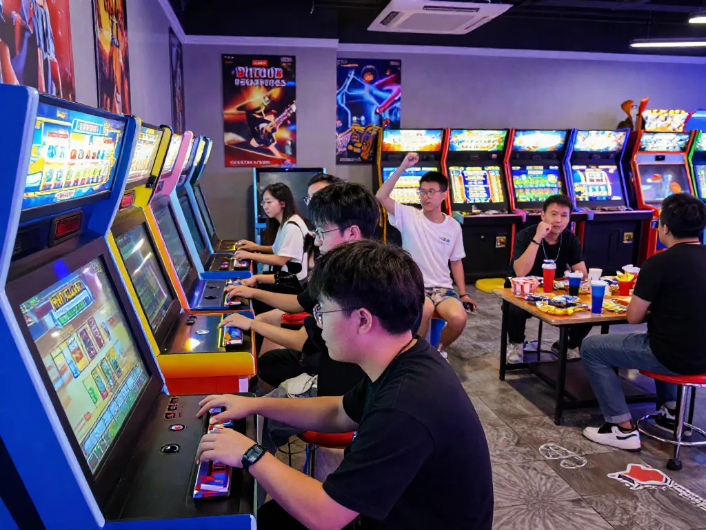 Dynamic gaming atmosphere at https://hitclub3.io/ arcade with players enjoying popular games.