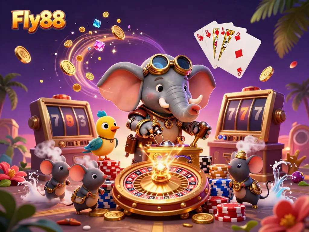 Spin the reels with Fly88 in a colorful 3D casino scene filled with exciting gaming elements.