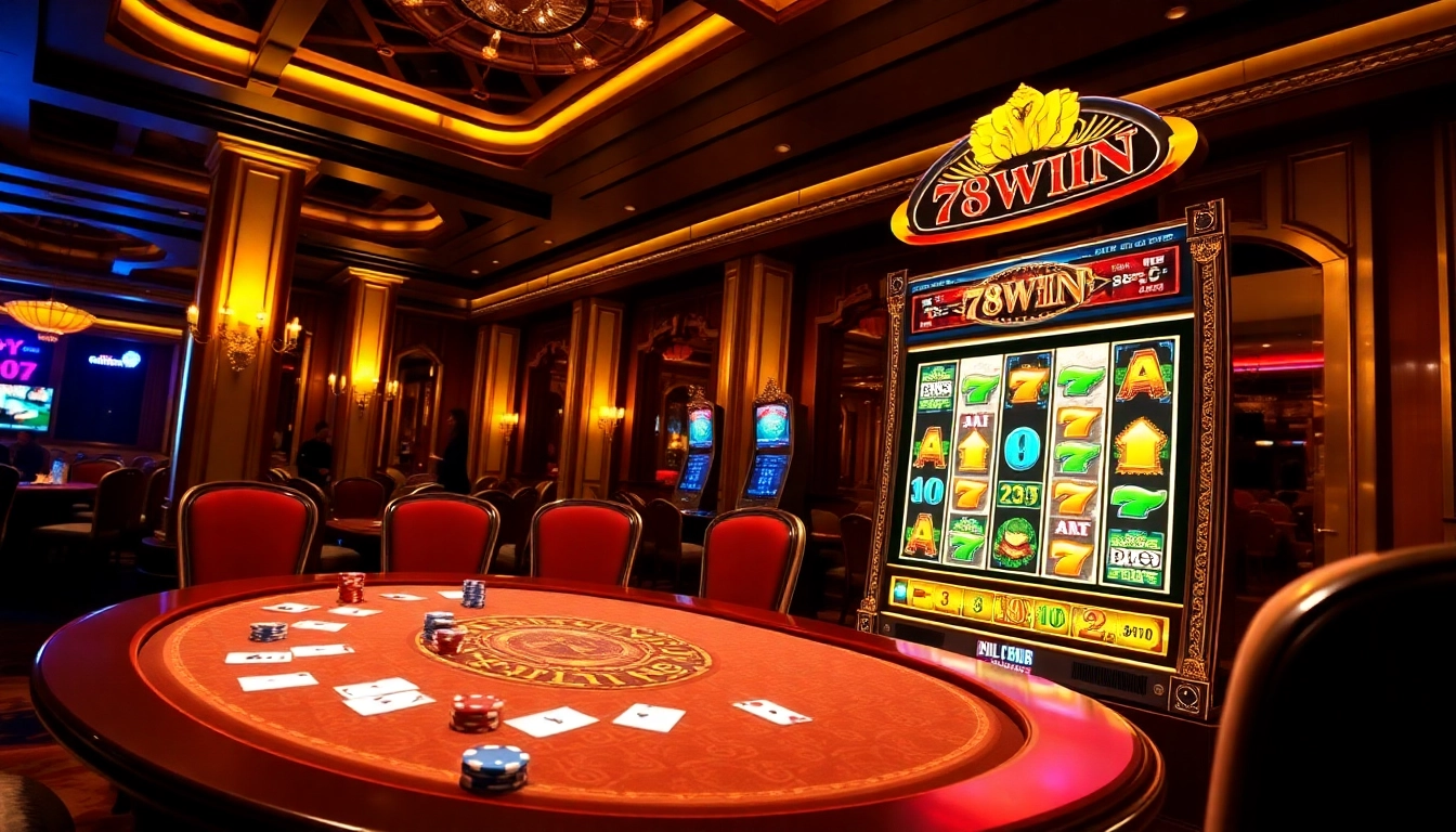Engaging players at 78WIN's casino table, surrounded by vibrant gambling elements like cards and chips.