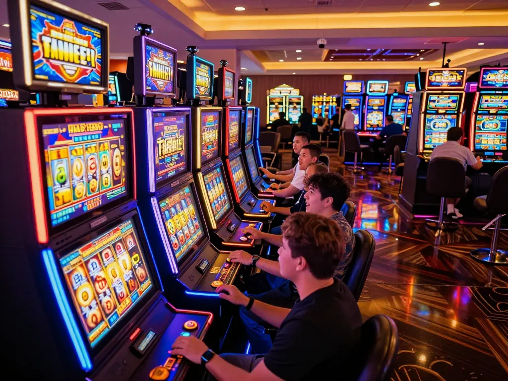 Nổ hũ gaming moment with players engaging at colorful slot machines in a lively casino atmosphere.