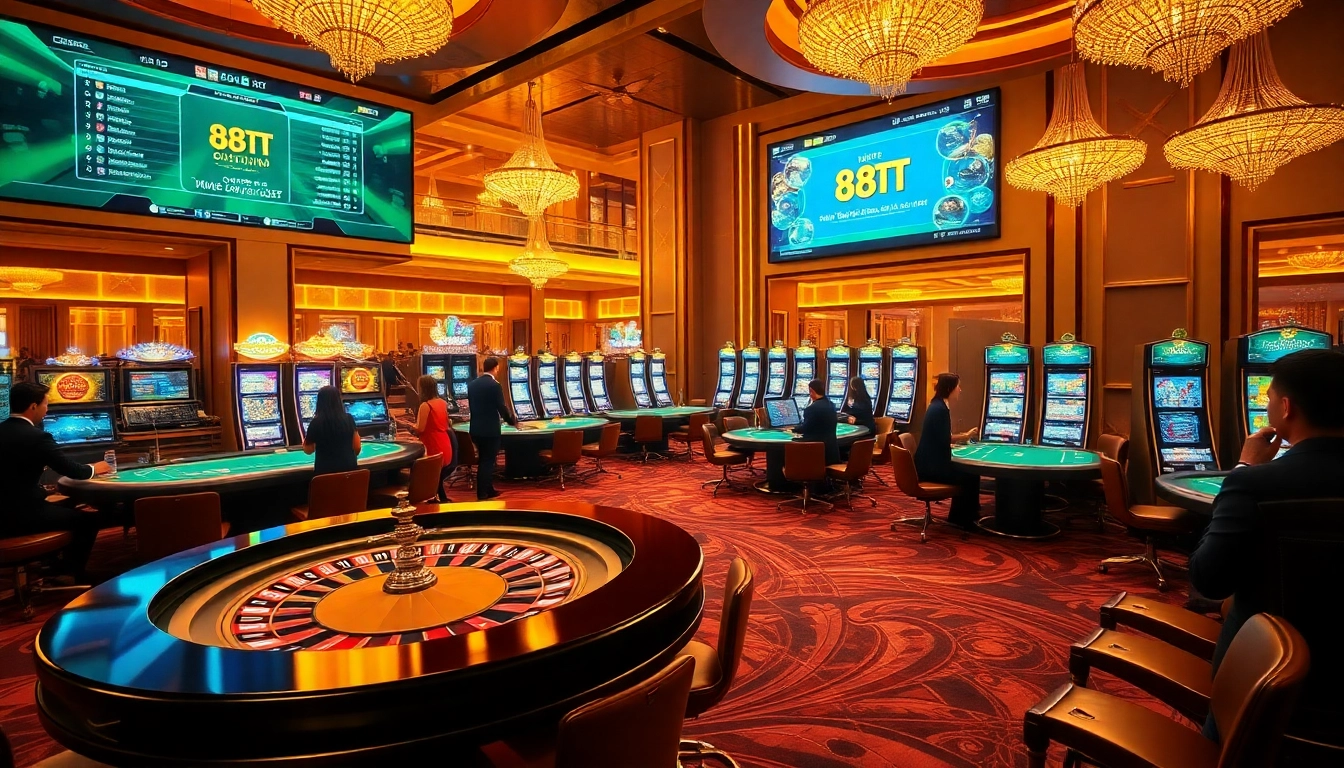 Experience thrilling betting at 88TT casino with vibrant games and lively players around tables.