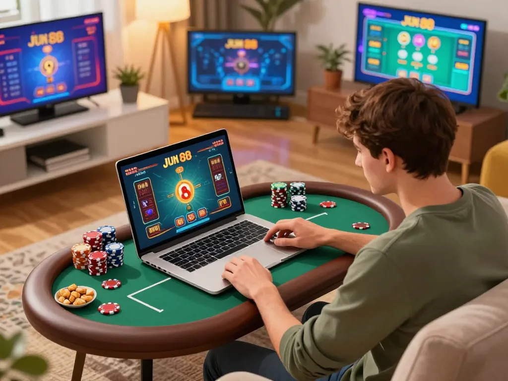 Player enjoying online poker at home showcasing Jun 88 on laptop, relaxed atmosphere with snacks