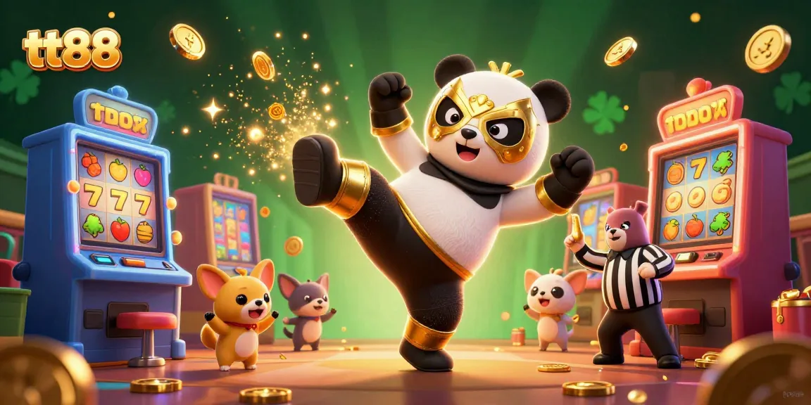Experience thrilling action with tt88 as a wrestler panda performs a flying kick in a vibrant casino scene.
