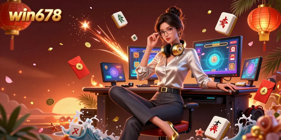 Experience win678's gaming dynamism with an elegant Asian woman at a high-tech casino setup.