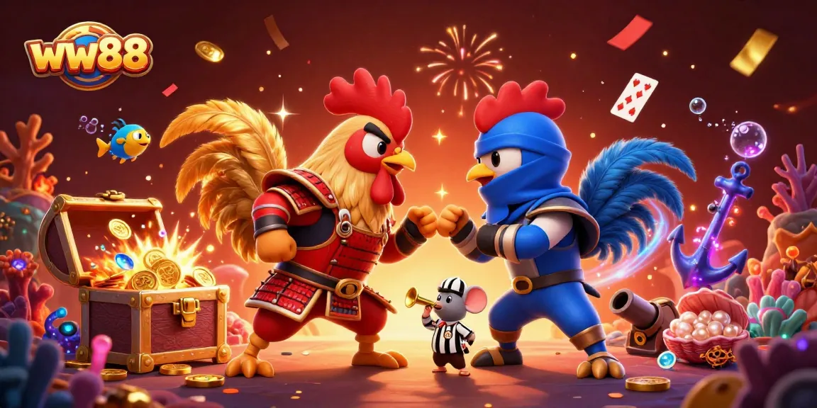 Experience the thrilling showdown at ww88 with roosters in samurai and ninja gear amidst vibrant casino elements.