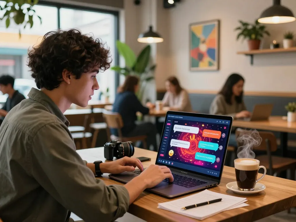 Engaging with spicy chat ai on a laptop in a vibrant coffee shop, showcasing modern digital communication.