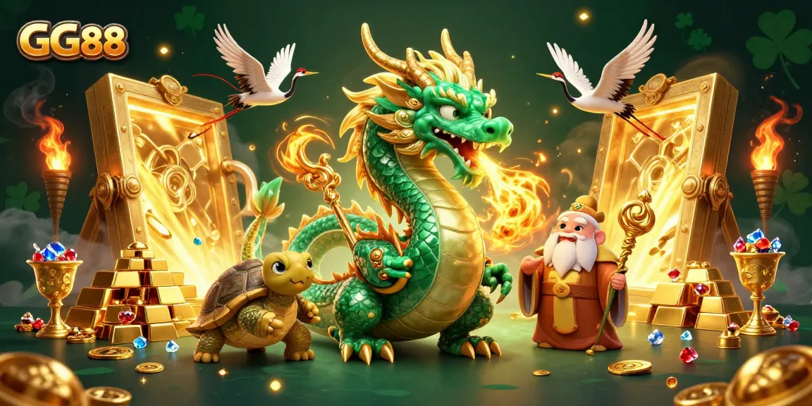 Engage in thrilling gaming adventures with GG88's vibrant casino scene featuring dragons and treasures.