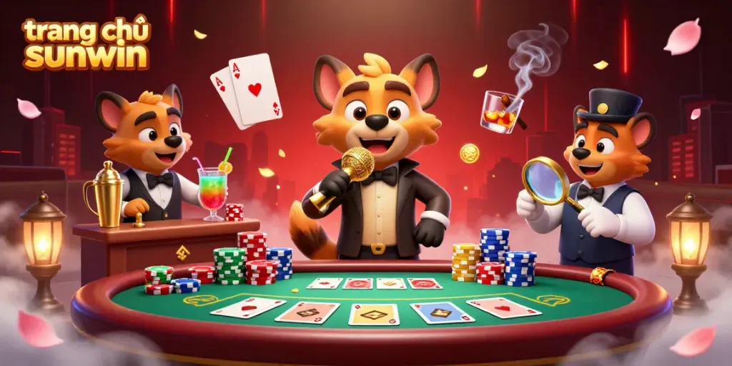 Engage with gaming on trang chủ sunwin featuring hyenas in a lively casino scene with poker elements.