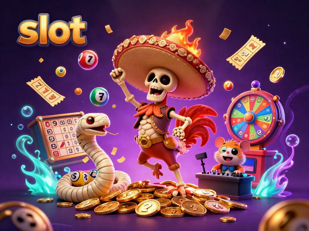 Skeleton mariachi rooster celebrating with slots, colorful lottery balls, and festive casino elements.
