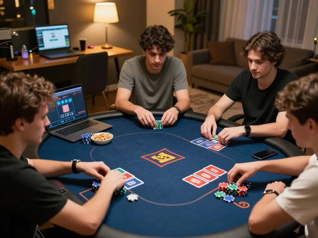 Engaging in online multiplayer SC88 Game poker with friends, showcasing festive home atmosphere and strategic gameplay.