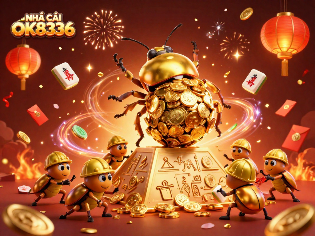Engage with the thrilling world of NHÀ CÁI OK8336 as cartoon beetles roll golden coins in a dazzling casino.